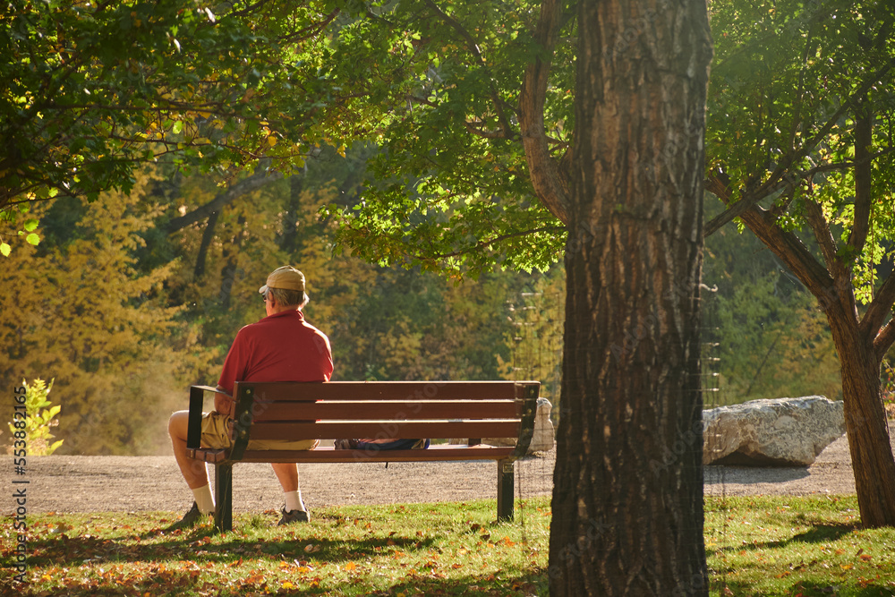 Quiet older man waiting in quiet park on wooden bench in red shirt and brown pants
