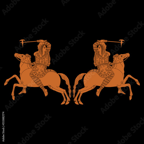 Symmetrical ethnic design with two Scythian amazon women riding horses and holding battle axes. Ancient Greek vase painting style. Orange silhouettes on black background.