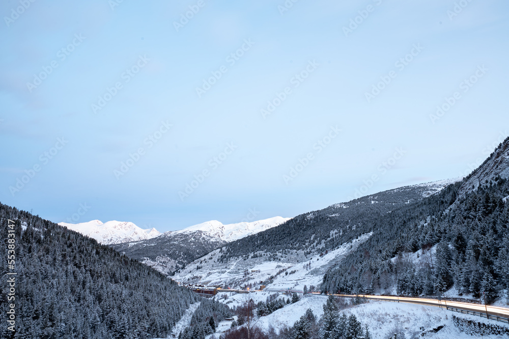 Fototapeta premium Snowy mountains in Grandvalira in Andorra in winter