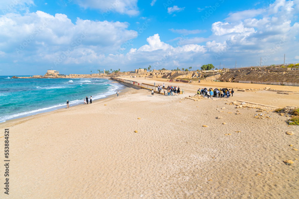 The ancient port and arena with Roman Ruins along the Mediterranean Sea at Caesarea Maritima National Park in Caesarea, Israel.