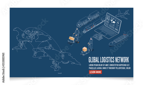 3D isometric Global logistics network concept with Transportation operation service, Export, Import, Cargo, Air, Road, Maritime delivery. Vector illustration EPS 10