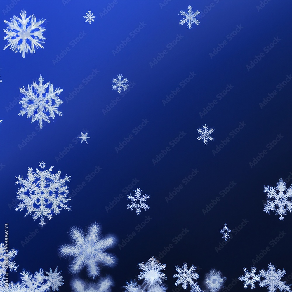 Background of snowflakes on blue background. Christmas or New Year wallpaper with copy space. Generative AI 