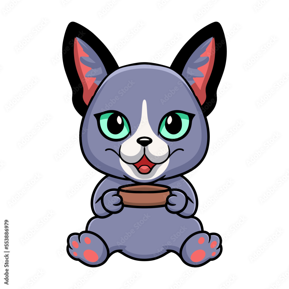 Cute russian blue cat cartoon holding food bowl