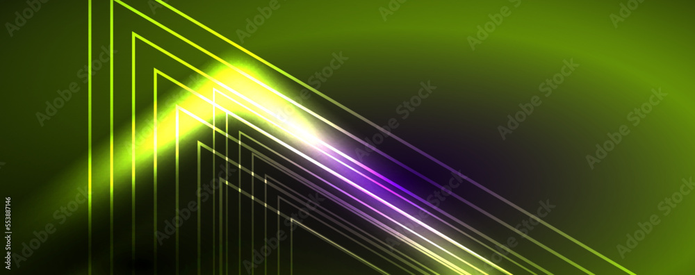 Neon glowing techno lines, hi-tech futuristic abstract background template. Vector illustration for wallpaper, banner, background, leaflet, catalog, cover, flyer Neon glowing techno lines, hi-tech futuristic abstract background template. Vector illustration for wallpaper, banner, background, leaflet, catalog, cover, flyer