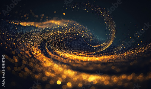 Digital Gold Particles Wave and light abstract background with shining floor particle stars dust. Futuristic glittering Luxury golden sparkling on black background. 