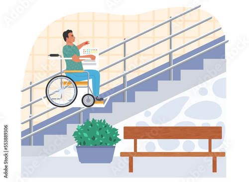 Man in wheelchair ride up stairs vector