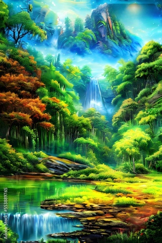 landscape with fores beautiful vertical nature digital green scene created wit AI technology 