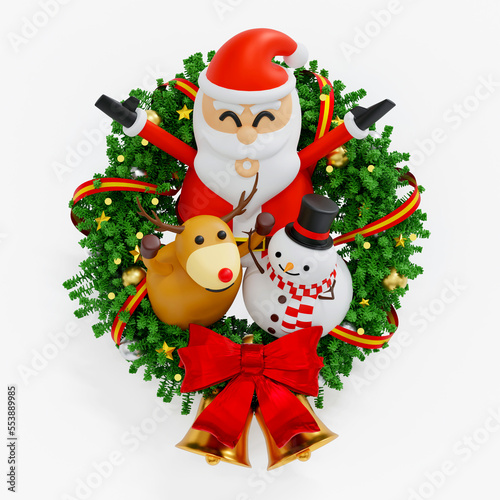 Santa Clause in Christmas wreath with bows and ribbons baubles, celebrate Merry Christmas Xmas and Happy New Year festival, 3D rendering.