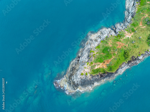 Aerial view Amazing open sea,Beautiful ocean in the morning summer season,Image by Aerial view drone shot,high angle view boats Top down seashore background © panya99