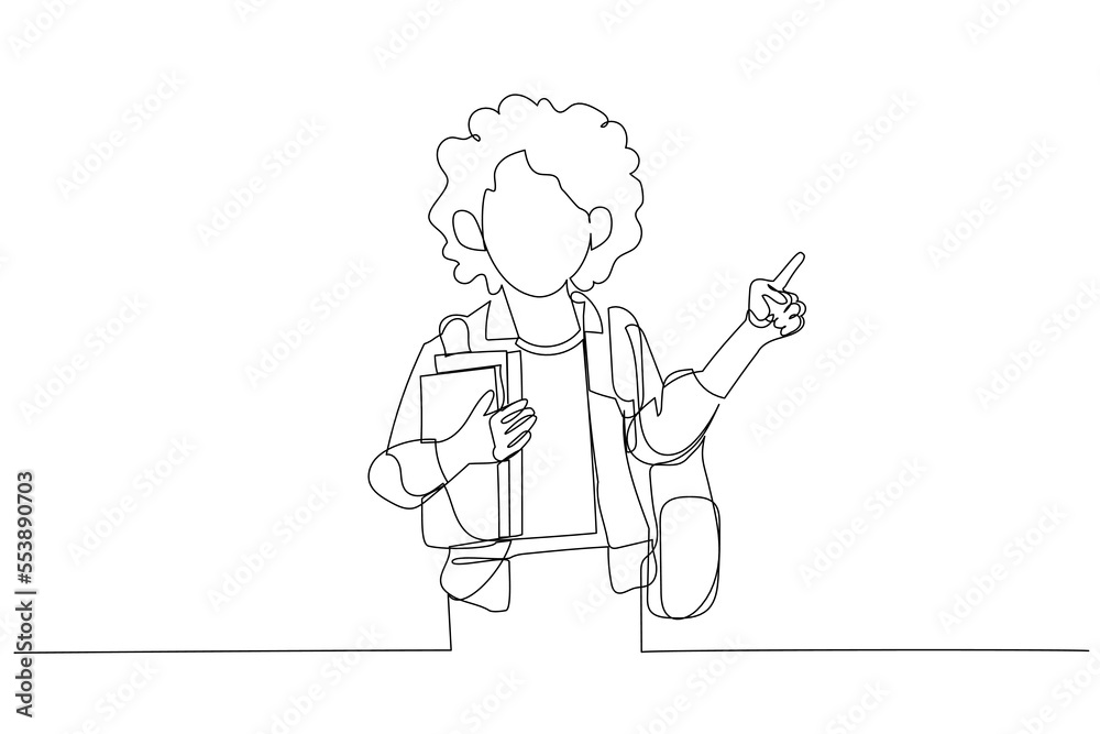 Drawing of school girl in casual clothes backpack hold books point index finger aside on copy space. Single continuous line art style Drawing of school girl in casual clothes backpack hold books point index finger aside on copy space. Single continuous line art style