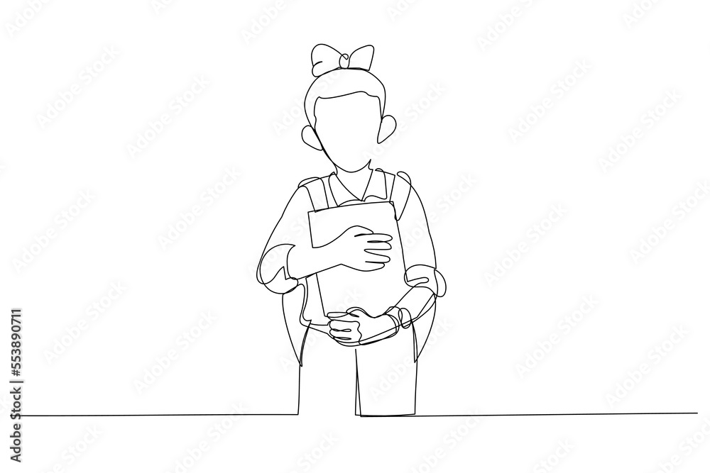 Illustration of school kid holding book go to school attending class. Single line art style Illustration of school kid holding book go to school attending class. Single line art style