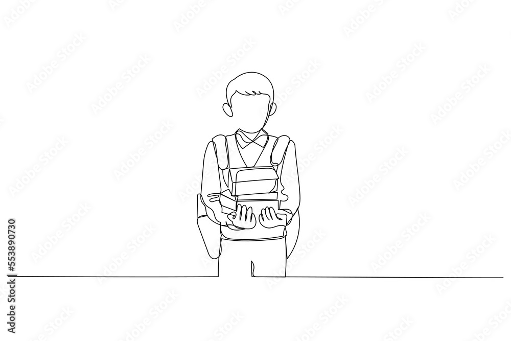 Illustration of little kid student holding books. Single continuous line art