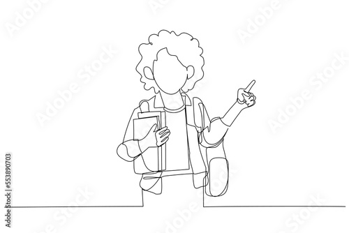 Drawing of school girl in casual clothes backpack hold books point index finger aside on copy space. Single continuous line art style