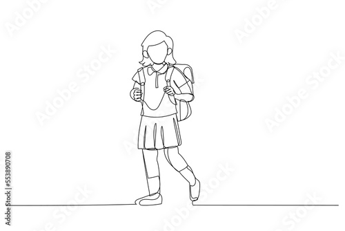 Cartoon of cute schoolgirl in uniform standing. One line art style