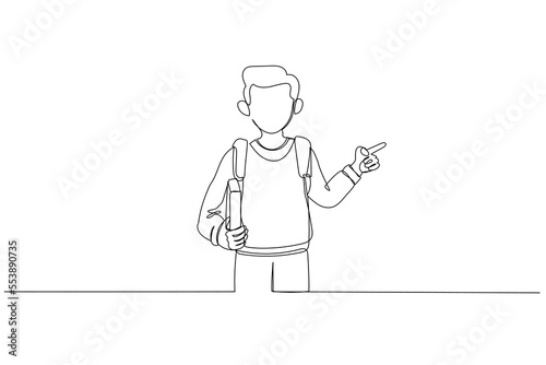 Drawing of Student pointing up on blackboard. Boy from elementary school with book and bag. Continuous line art style