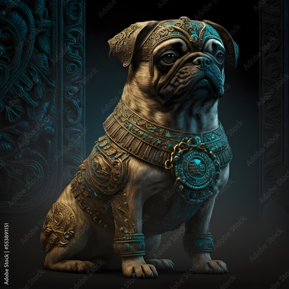 A brown pug style dressed in ancient Mayan god ornamental costume.