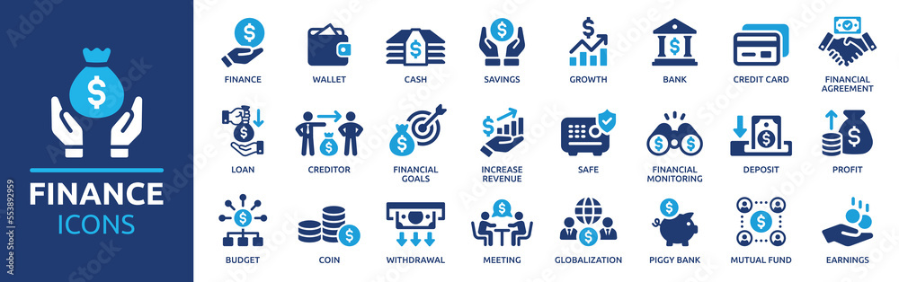 Finance icon set. Containing loan, cash, saving, financial goal, profit, budget, mutual fund, earning money and revenue icons. Solid icons collection. - obrazy, fototapety, plakaty 