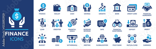 Finance icon set. Containing loan, cash, saving, financial goal, profit, budget, mutual fund, earning money and revenue icons. Solid icons collection. photo