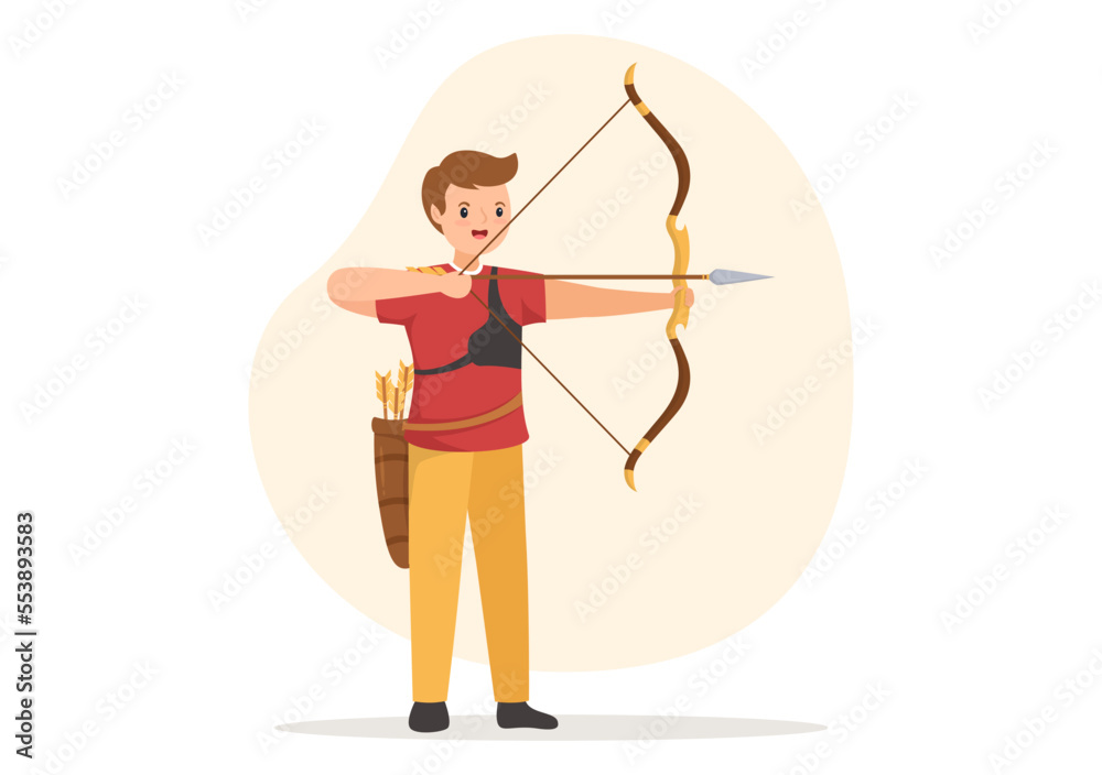 Archery Sport with Bow and Arrow Pointing at Target for Outdoor Recreational Activity in Flat Cartoon Hand Drawn Template Illustration