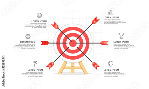 Target with six arrows. Planning or target business and marketing. Infographic template. Vector illustration.