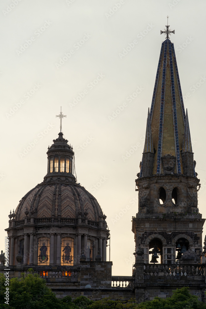 dome of a cathedral with the sunset on the other side, sunlight in the windows of the dome, mexico