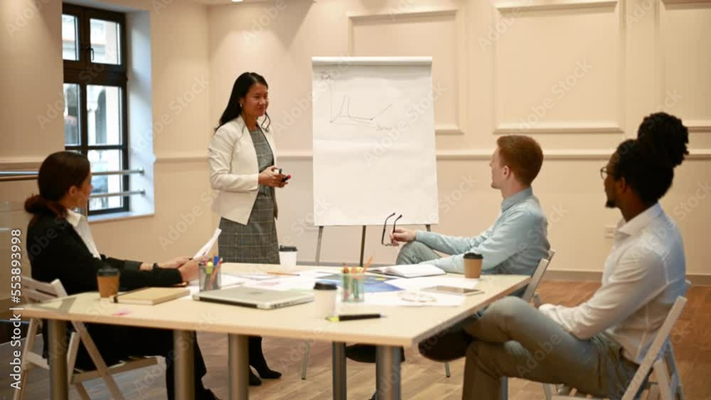 Vietnamese businesswoman standing near the flipchart board and holding a meeting Vietnamese businesswoman standing near the flipchart board and holding a meeting