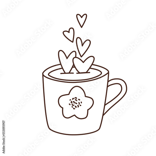 Cup of coffee with flying hearts Valentine   s day outline doodle vector illustration