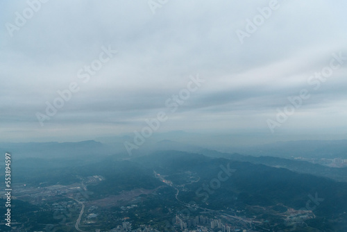 Aerial view of mountain range in Chongqing, China