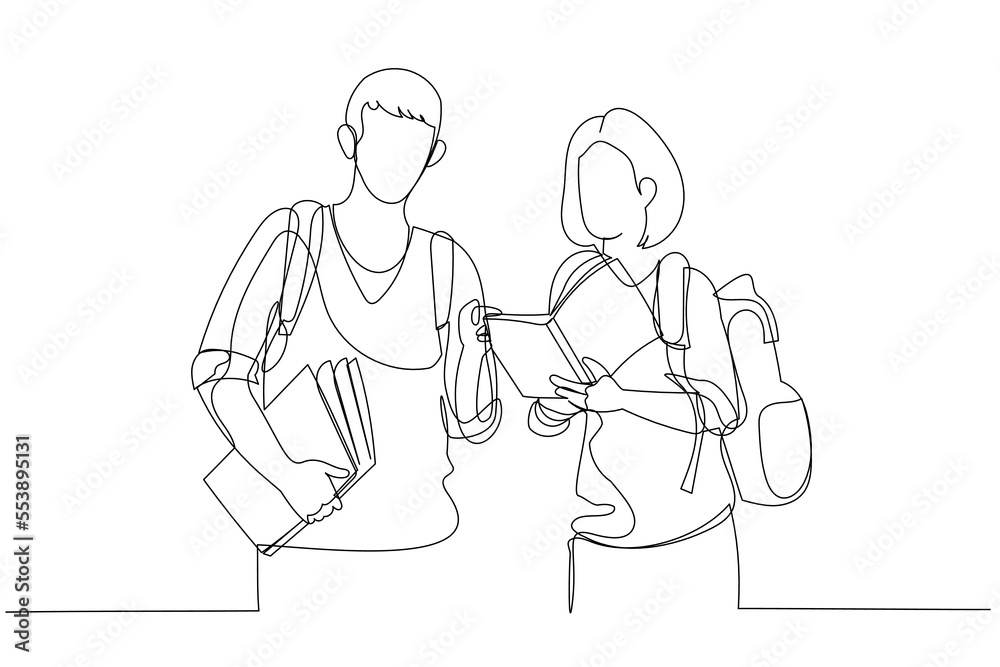 Illustration of male and female college student friends with backpacks holding books. Single line art style