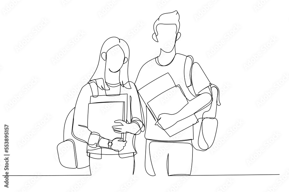 Illustration of two students couple standing while holding books and wear bag. Single line art style