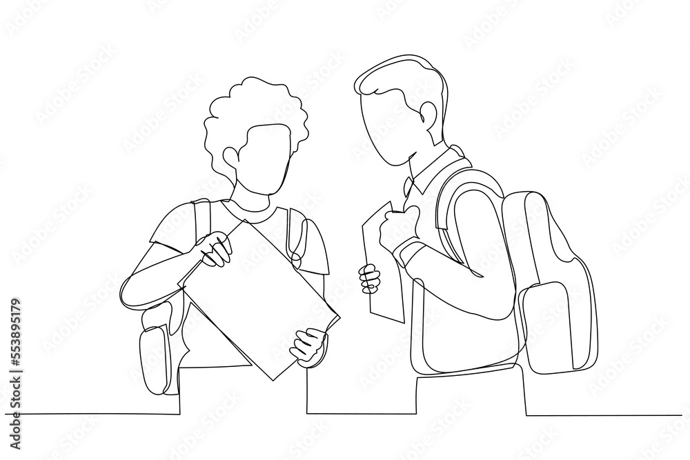 Cartoon of two asian school boys enjoying their free time. One line style art