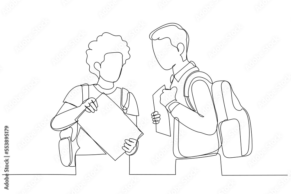 Cartoon of two asian school boys enjoying their free time. One line style art Cartoon of two asian school boys enjoying their free time. One line style art