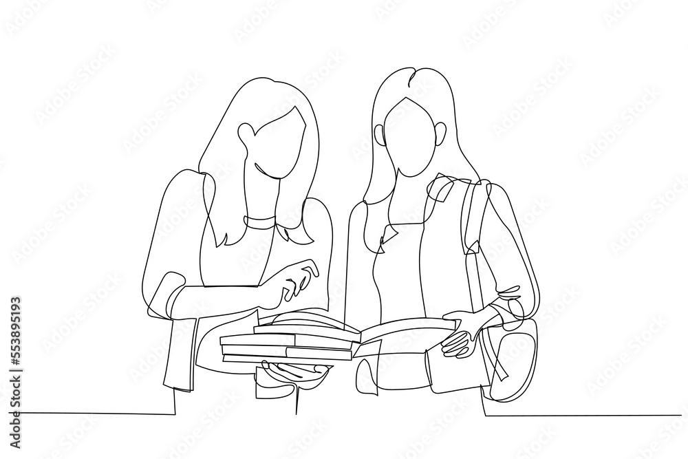 Illustration of portrait of young students go to campus. Single continuous line art