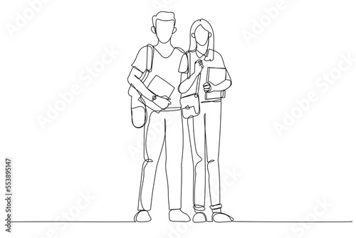 Cartoon of young students couple walk together to library in campus. One line art style