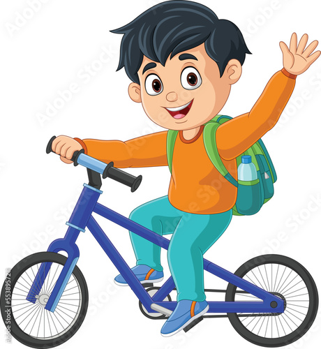Cute school boy cartoon riding bicycle