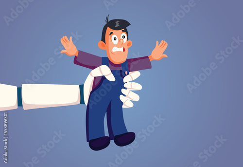 Robot Hand Squeezing Blue Collar Worker Conceptual Vector Illustration. Automation of jobs leading to unemployment and panic
