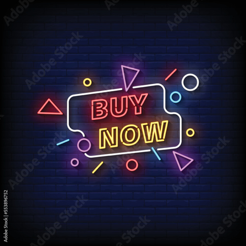 neon sign buy now with brick wall background vector illustration