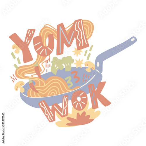 Illustration with hands drawn traditional asian food and lettering. Vector doodle illustration.