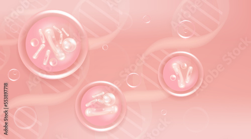 Probiotic and Hyaluronic acid skin solutions ad, pink collagen, and vitamin serum drops with cosmetic advertising background ready to use illustration vector.	
