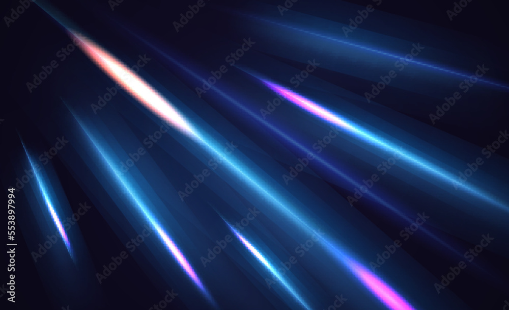 Modern abstract high speed light effect. Technology futuristic dynamic motion. Glow of bright lines of transport vehicle drive on road highway. Vector illustration