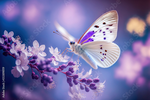 Beautiful white butterfly in flight and flowers with soft focus. Branch blossoming cherry in spring on blue and lilac background, macro. Amazing elegant artistic image beauty spring nature  © Katynn