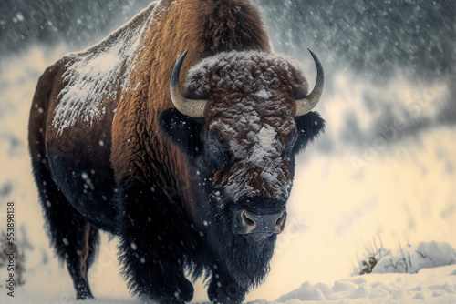 Bison in the Winter in snowstorm. Digital artwork photo