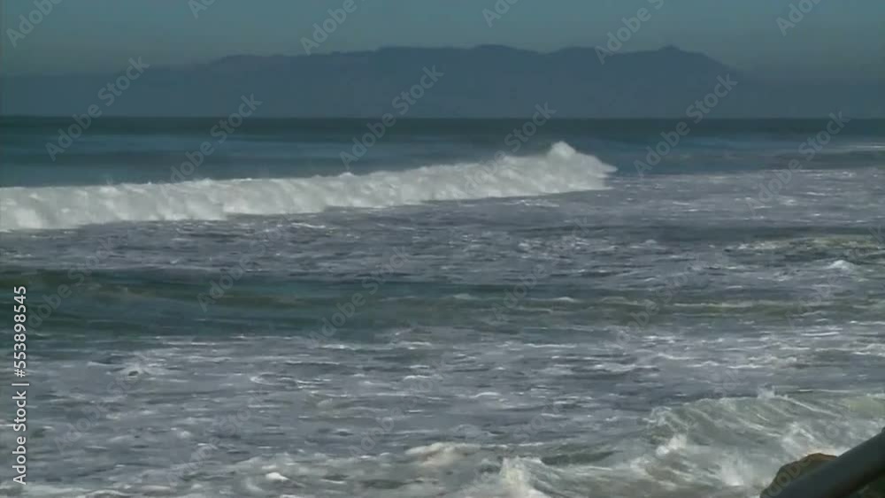 Ocean Heavy Surf on California Coastline with an Island in the Backgrand