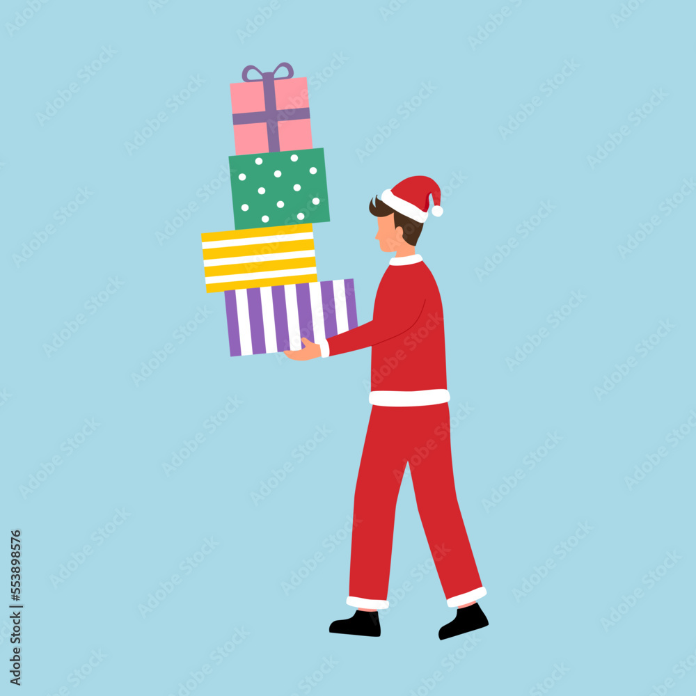 Merry Christmas celebration concept vector illustration. Man Santa holding gifts in flat design.