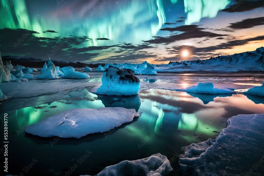 Glacial lagoon in Iceland under the northern lights. Night sky with