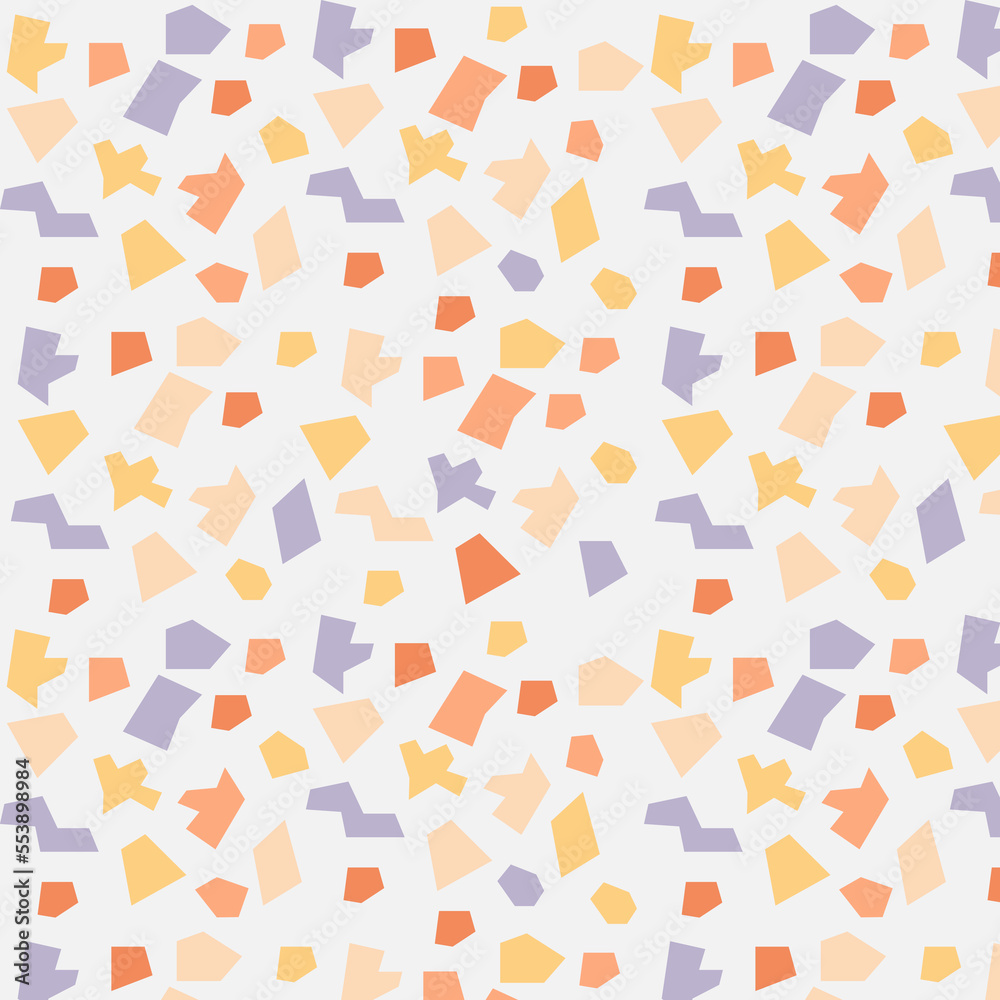 Terrazzo seamless pattern in bright primary colors with abstract mosaic stone shapes. Retro terrazzo minimalist art background ideal for print