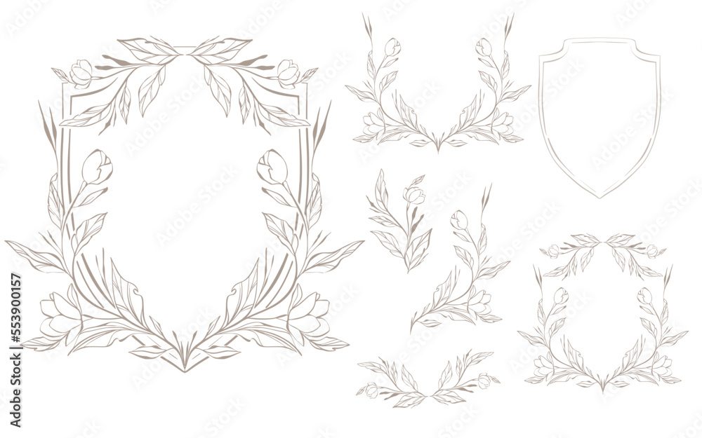 Vintage Monoline Floral Botanical Wedding Crest Frame