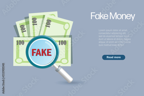 Magnifying glass detect fake money banknotes. Financial crime and illegal alert. Vector Illustration.