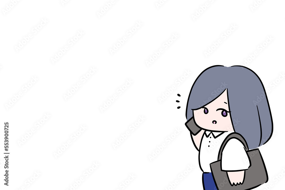 立っている女性　歩く仕事中の女性　バッグを持って歩く女性　外回り営業　外勤　イラスト　　電話で話し中