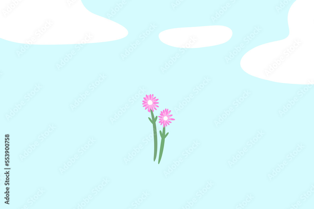 Naklejka premium 空を舞う二輪のピンク色の花 青空 イラスト